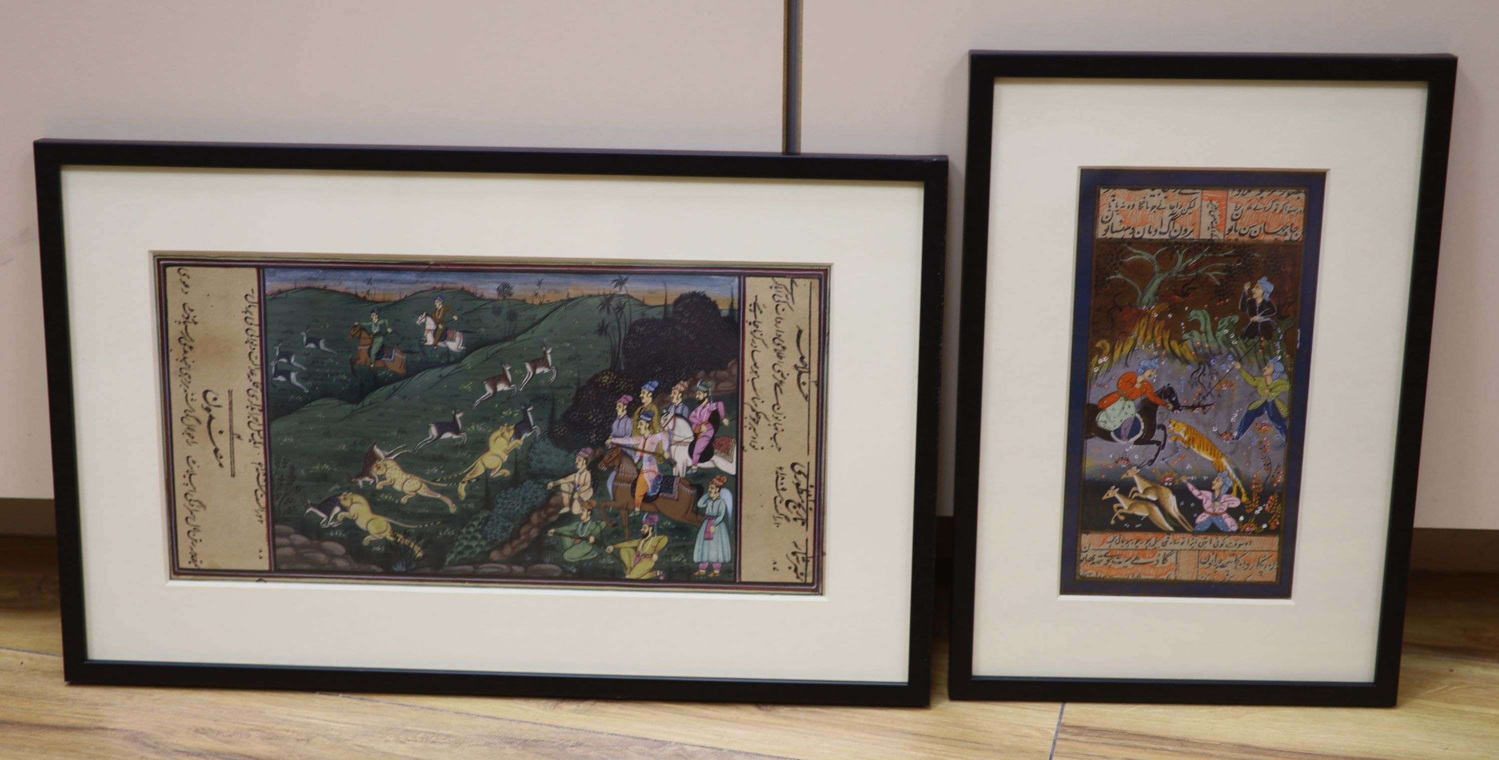 Indian School, two gouaches, Hunting scenes, 14 x 29cm and 18 x 10cm